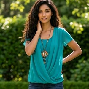 New Directions Teal Draped Short-Sleeve Blouse long beaded statement necklace Sm